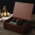 Premium PU Leather Gahwa Cup Set with 80ml Stainless Steel Arabic Coffee Cups, Portable Rechargeable Electric Bakhoor Burner, Dry Fruit Selection, Prayer Mat & Tasbih - Image 2
