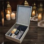 Premium Ramadan Gift Set – PU Leather Gahwa Cup Set with 80ml Stainless Steel Arabic Coffee Cups, Hanging Car Diffuser with Bamboo Lid, Oak Moss & Amber Scented Candle (Square Glass Jar), Assorted Dry Fruits, Lemongrass Aroma Reed Diffuser 100ml (6 Sticks), Prayer Mat & Tasbih