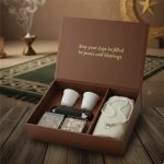 Premium PU Leather White Gahwa Cup Set with 80ml Stainless Steel Arabic Coffee Cups, Portable Rechargeable Electric Bakhoor Burner, Dry Fruit Selection, White Prayer Mat & Tasbih