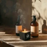 Scented Candle in Square Glass Bottle, Bamboo Lid, Oakmoss & Amber Scent